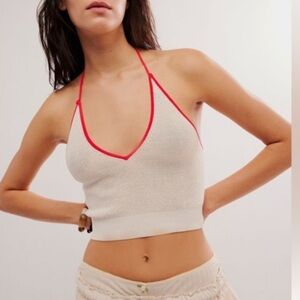 NEW FREE PEOPLE Out And About Solid Halter Top-Tofu Combo Cream and Red Knit XS